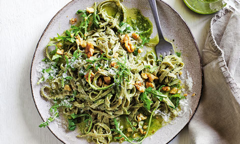 Edamame fettuccine with walnut pesto