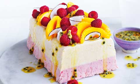 Mango and raspberry coconut semifreddo with passionfruit pulp