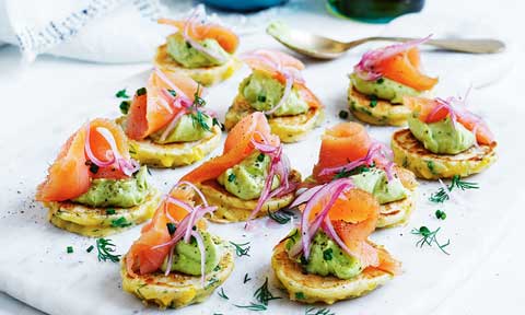 Ten mini corn fritters with smoked salmon