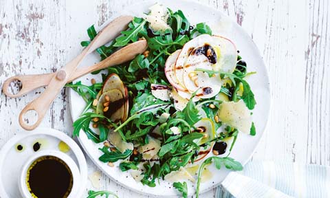 Pear, rocket and parmesan salad drizzled with balsamic glaze