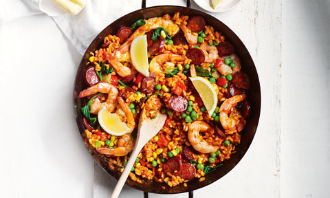 Prawn and chorizo paella in a dish