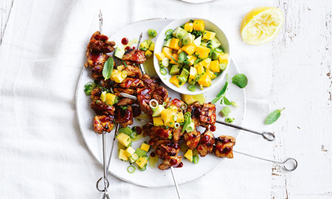 Sticky mango chicken skewers with mango salsa
