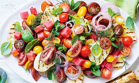 Tomato and watermelon salad with haloumi and bread