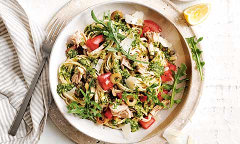 Tuna, capers and olive linguine served on a plate
