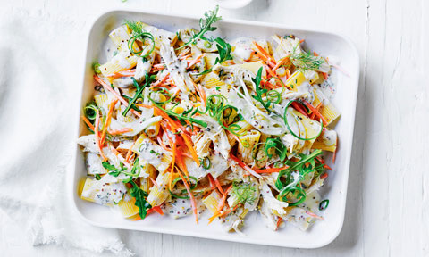Chicken and fennel rigatoni salad mixture in a serving platter