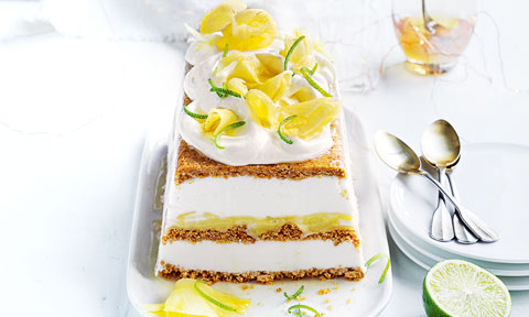 Pineapple and coconut terrine on a dish.