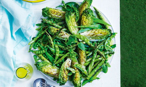 Grilled cos and asparagus salad with lemon dressing