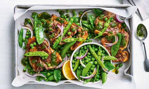 Four lamb chops with mint chimichurri and pea mixture