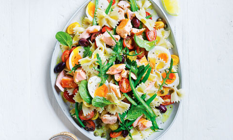 Salmon Nicoise pasta salad