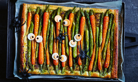 Veggie monster tart in a baking tray