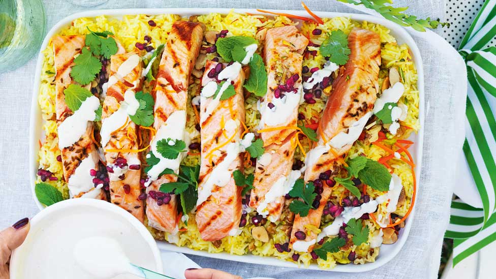 BBQ salmon with saffron rice salad