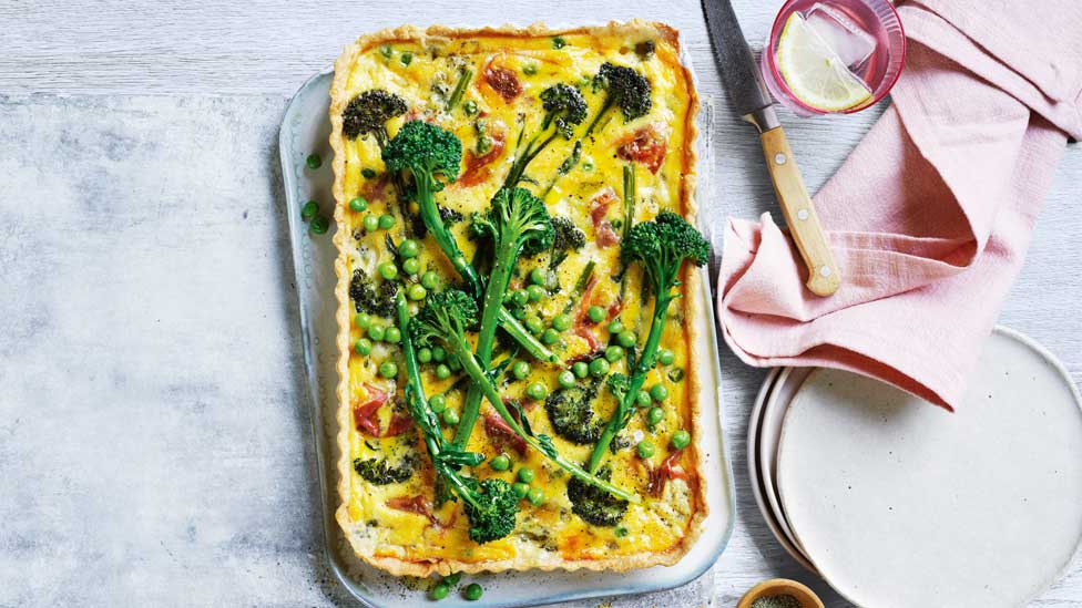 Baby broccoli, prosciutto and blue cheese quiche