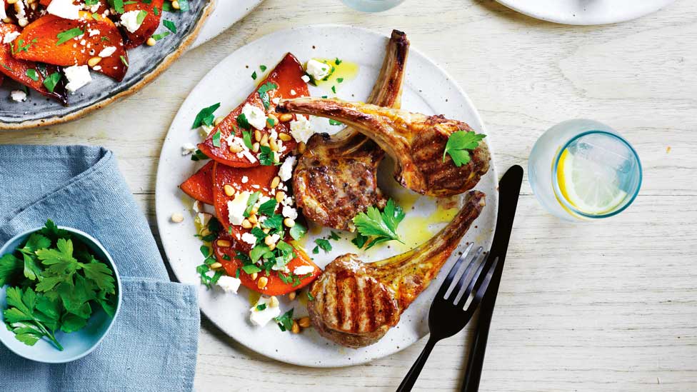 Curtis Stone's lamb cutlets with fetta, pumpkin and pine nuts