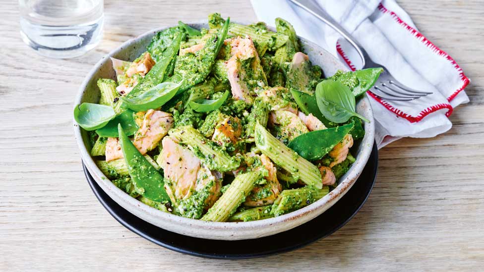 Salmon and snow pea penne