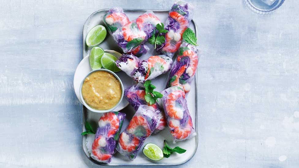 Australian tiger prawn and herb rolls with peanut sauce