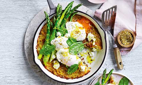 Potato rosti with asparagus, spinach and poached eggs