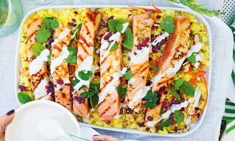 BBQ salmon with saffron rice salad