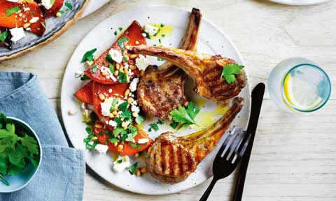 Curtis Stone’s lamb cutlets with fetta, pumpkin and pine nuts