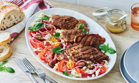 Lamb rump steaks with tomato and fetta salad