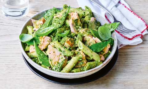 Salmon and snow pea penne