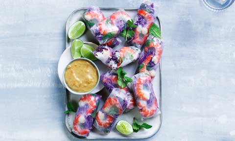 Australian tiger prawn and herb rolls with peanut sauce