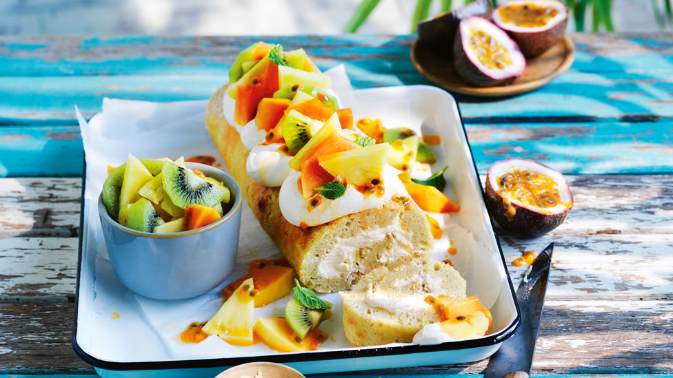 Curtis Stone's coconut roulade with tropical fruit