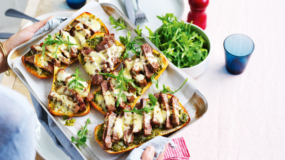 Grilled steak and cheese open sandwiches