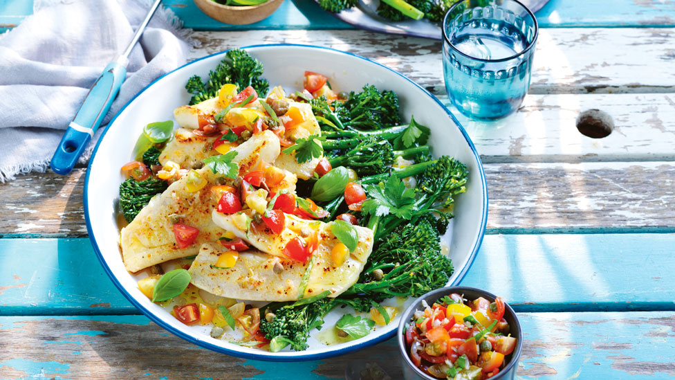 Curtis Stone's snapper with baby broccoli and tomato caper relish