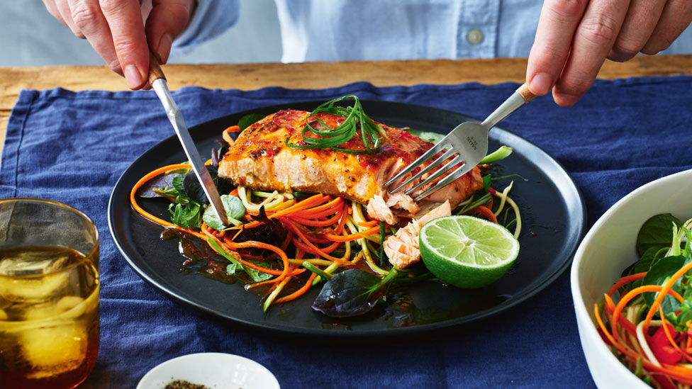 Sweet chilli and lime salmon with veggie noodle salad