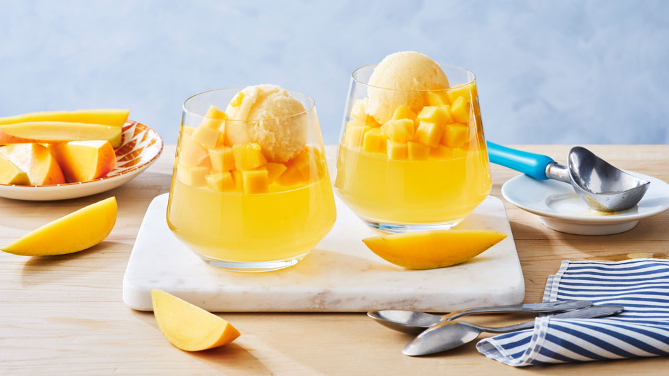 Tropical Fruit Jellies with Mango Sorbet