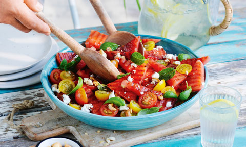 Curtis Stone’s BBQ watermelon salad with tomato and goat’s cheese