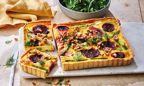 Beetroot, asparagus and fetta quiche