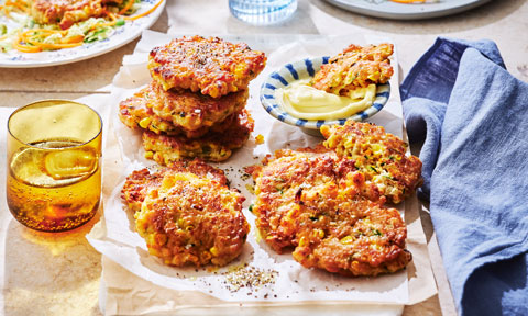 Wholemeal corn fritters with zucchini and haloumi