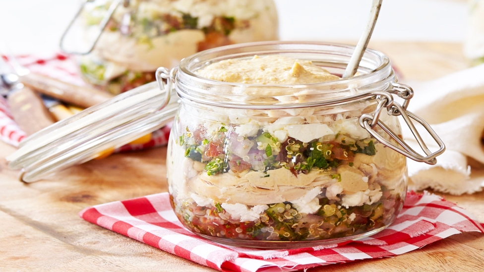 Quinoa tabouli and roast chicken layered salad