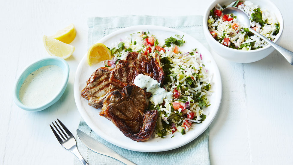 BBQ lamb chops with cauliflower tabouli and yoghurt dressing