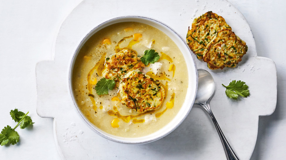 Chicken and corn soup with four pieces of zucchini fritters