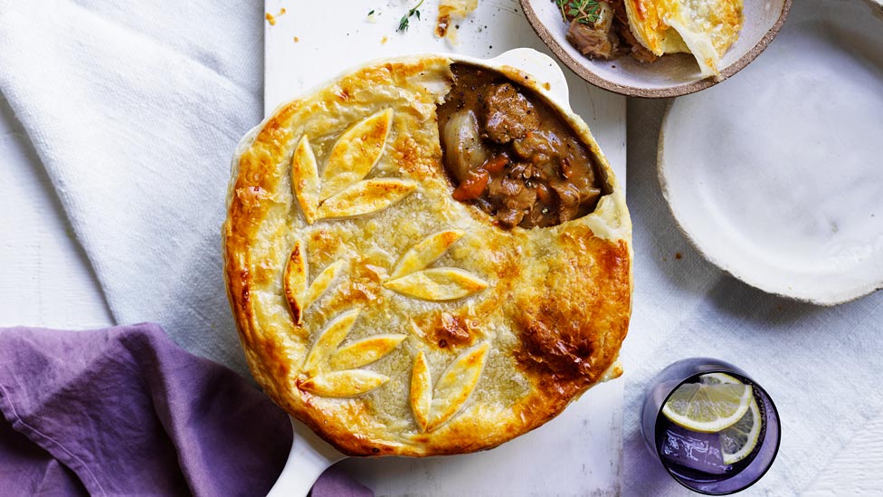 Chunky beef and Guinness pie topped with pastry in leaf shapes