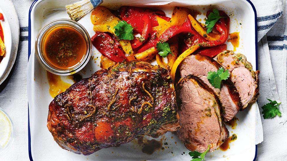 Curtis’ BBQ lamb thickly sliced with capsicum and chermoula