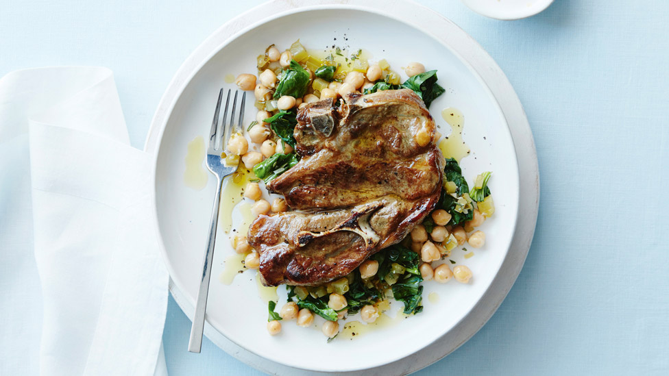 Curtis’ lamb forequarter chops with chickpeas and spinach