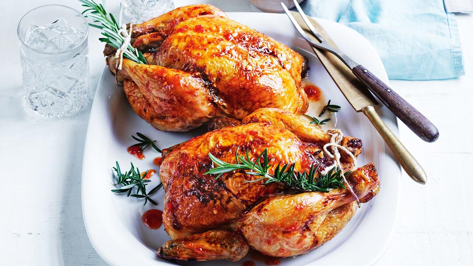 Two roast chickens with prosciutto stuffing