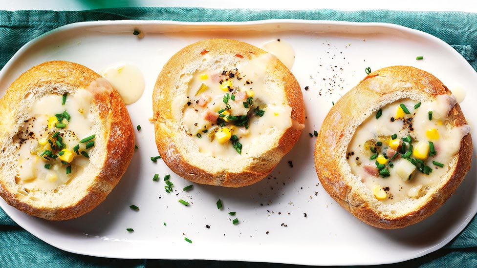 Three cob loaves filled with corn and bacon chowder