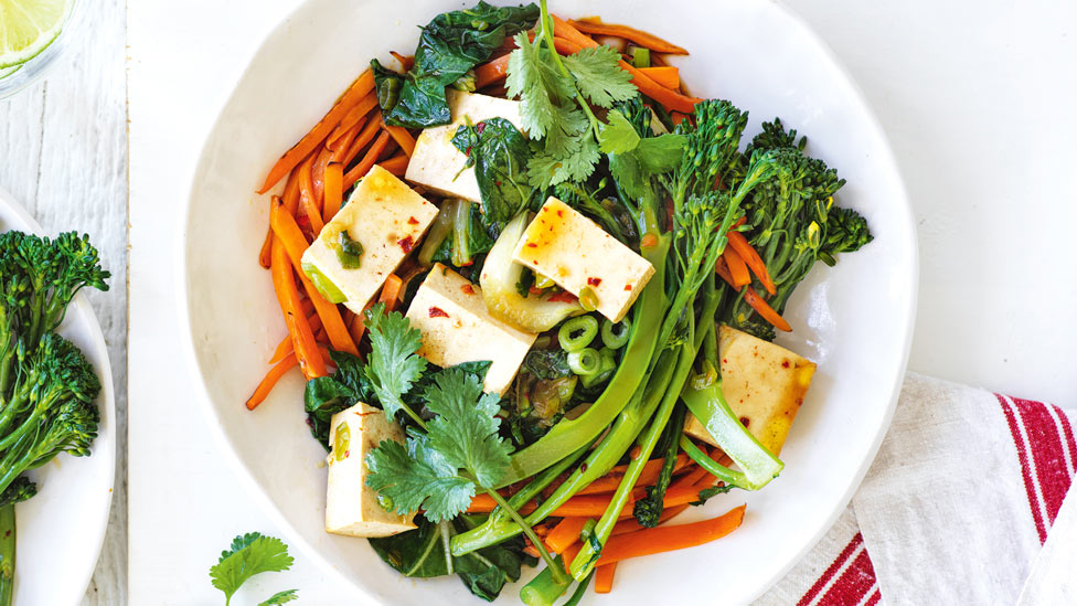 Chilli tofu and sweet potato stir-fry with baby broccoli