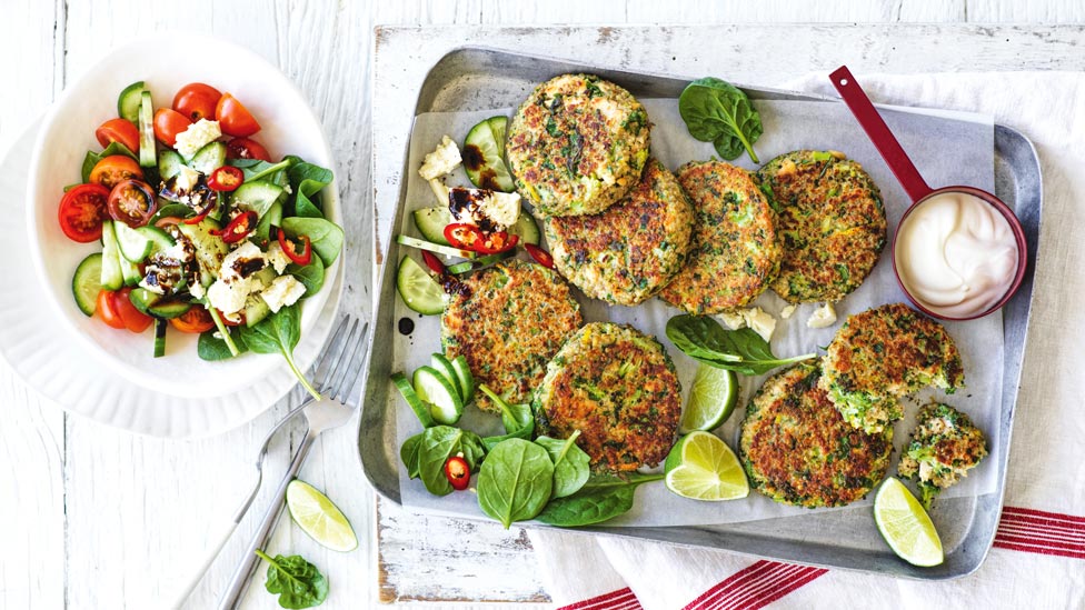 Eight quinoa and salmon fritters with salad