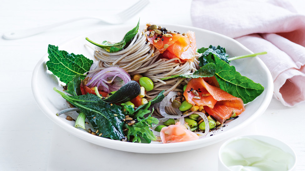 A smoked salmon soba noodle salad with mint