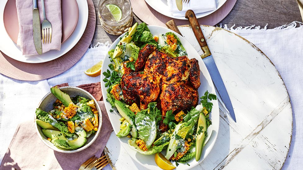 Lemon chicken with smoky corn salad and avocado