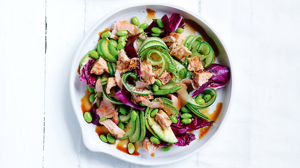 Pickled cucumber salad with smoked salmon and broad beans