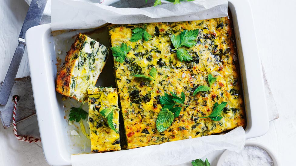 Silverbeet, leek and fetta slice in a pan