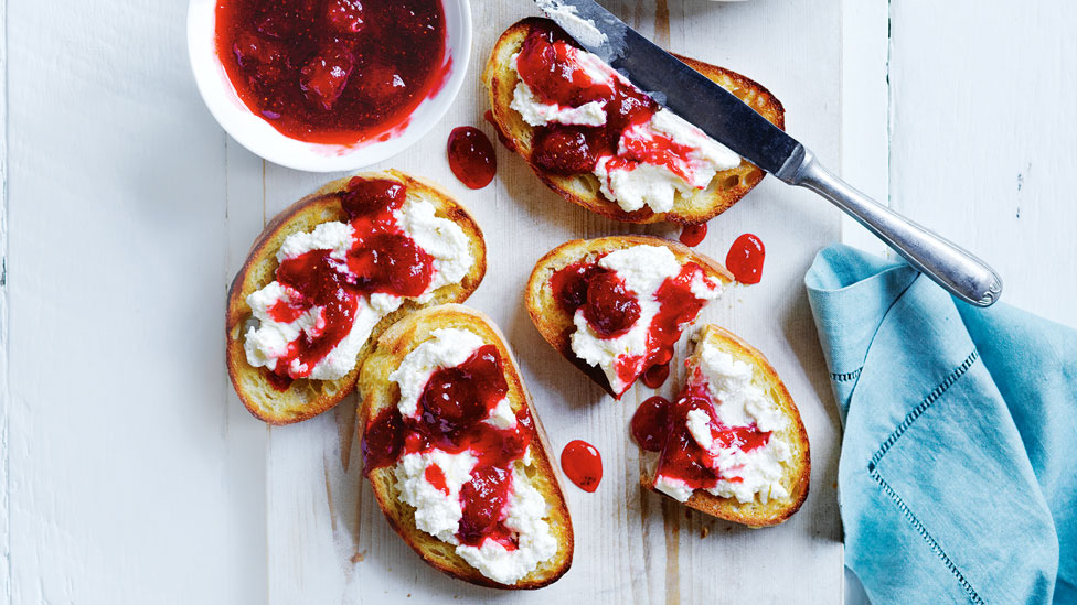 Four pieces of ultimate toast with ricotta and jam