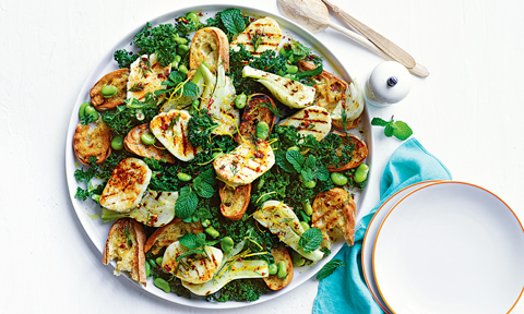 BBQ haloumi mixture and fennel panzanella salad on a plate