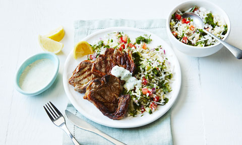 BBQ lamb chops with cauliflower tabouli and yoghurt dressing